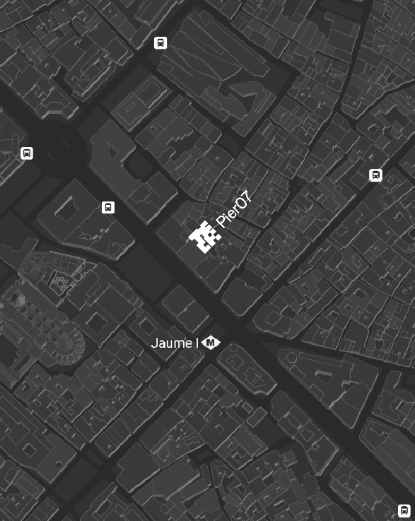 Map showing Pier07 on Via Laietana in Barcelona Gothic Quarter, near Jaume I metro station and bus stops