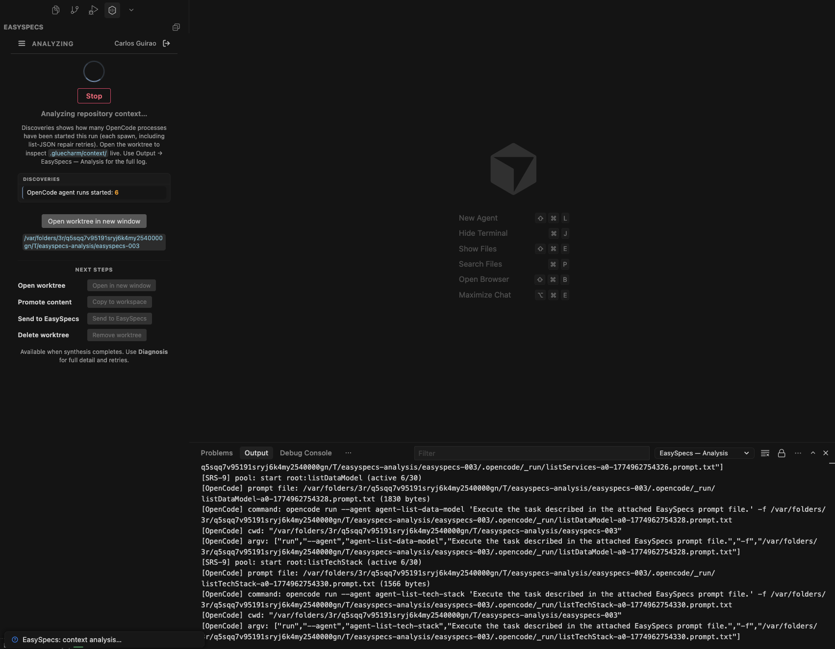 Screenshot of the EasySpecs extension during Code Analysis, showing analyzing state and the analysis output log.