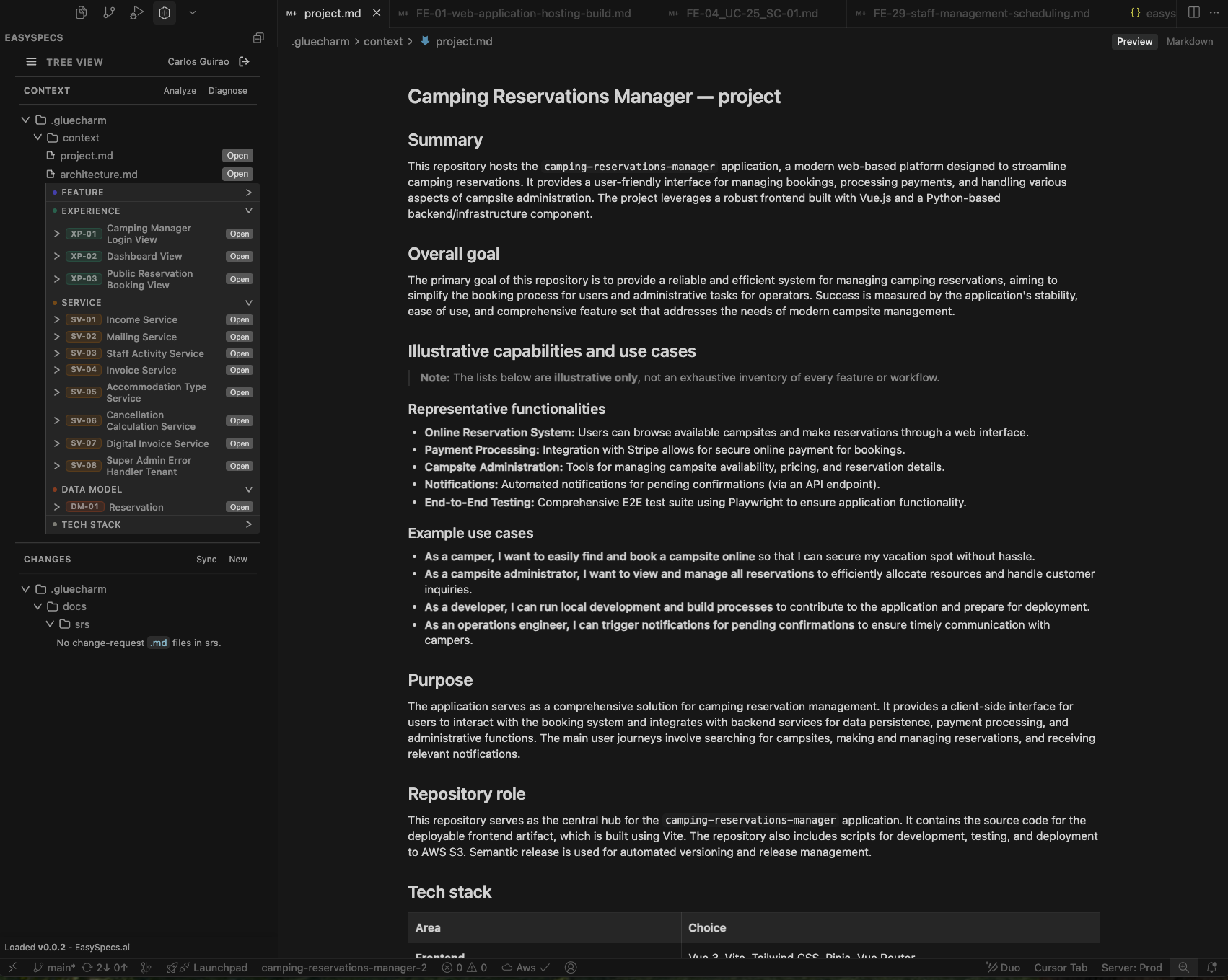 Screenshot of the EasySpecs extension in the IDE showing the documentation tree and a markdown preview.