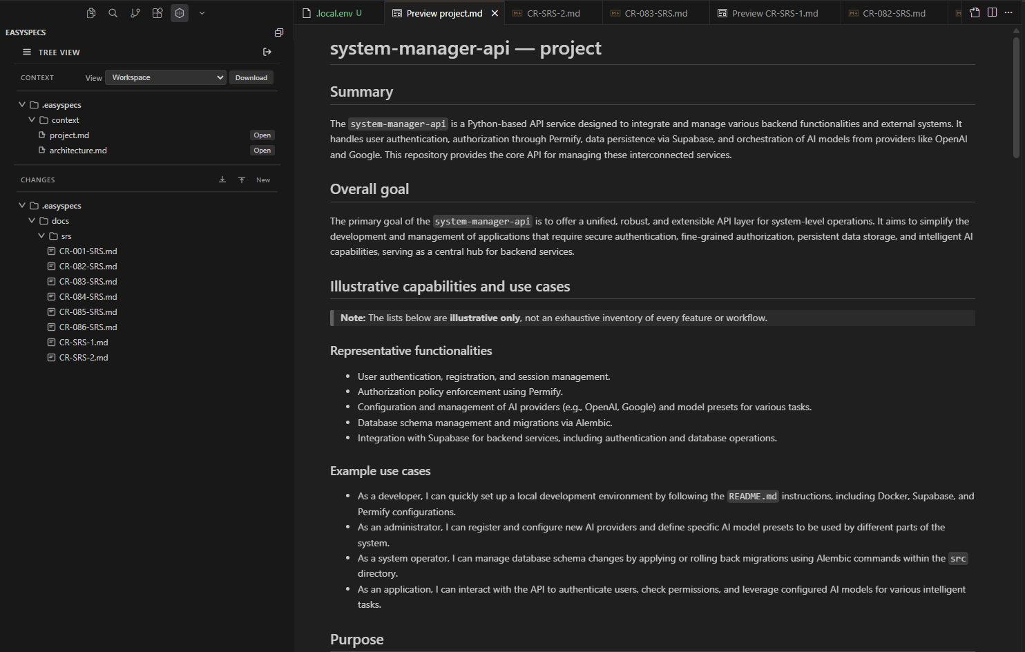Screenshot of EasySpecs IDE extension showing context tree and documentation preview panel.