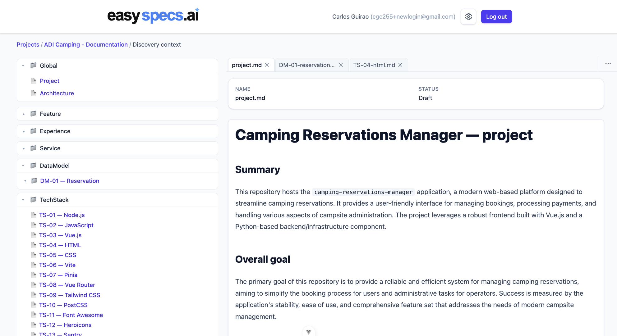 Screenshot of the EasySpecs web application showing projects and requirements.
