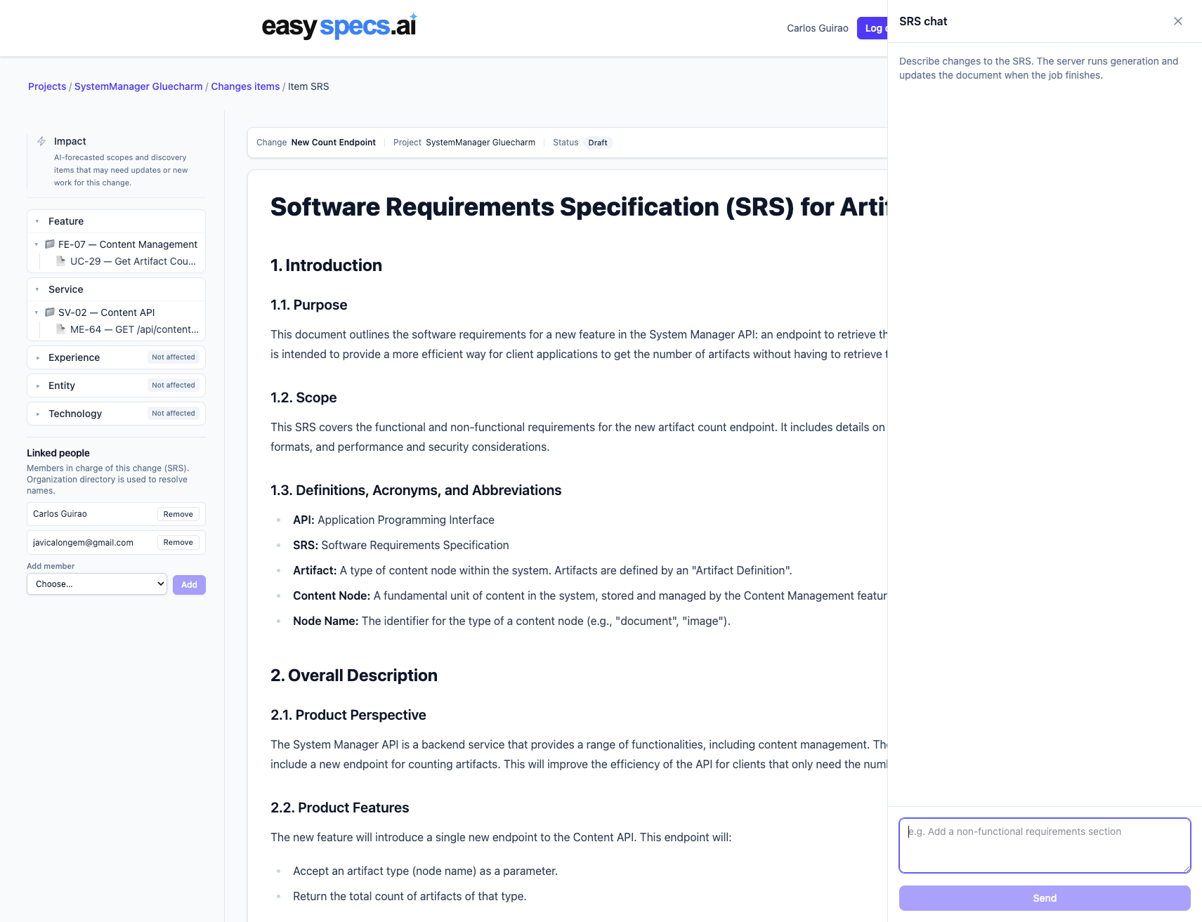 Screenshot of the EasySpecs web app showing a change request with the SRS document and SRS chat.