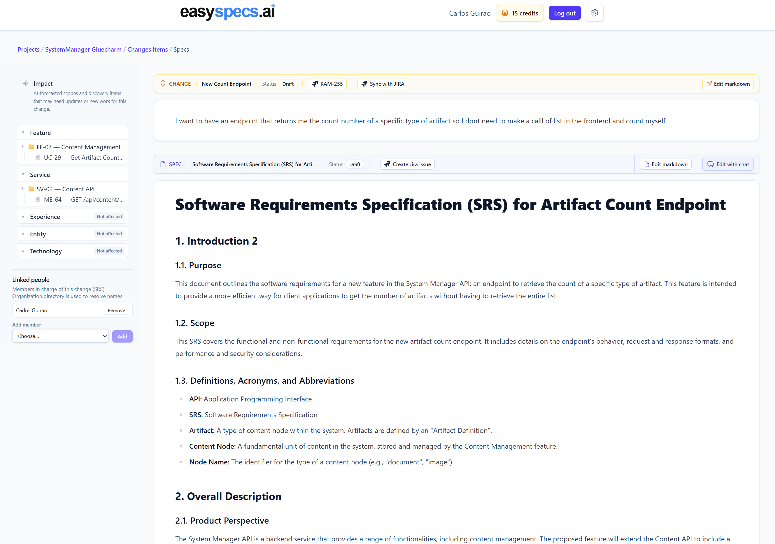 Screenshot of EasySpecs web app showing SRS document with specs chat and linked change items.